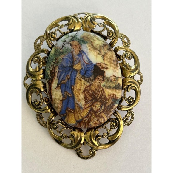 Western Germany Jewelry - Vintage Brooch Depicting‎ Asian Couple In Homeland Signed Western Germany